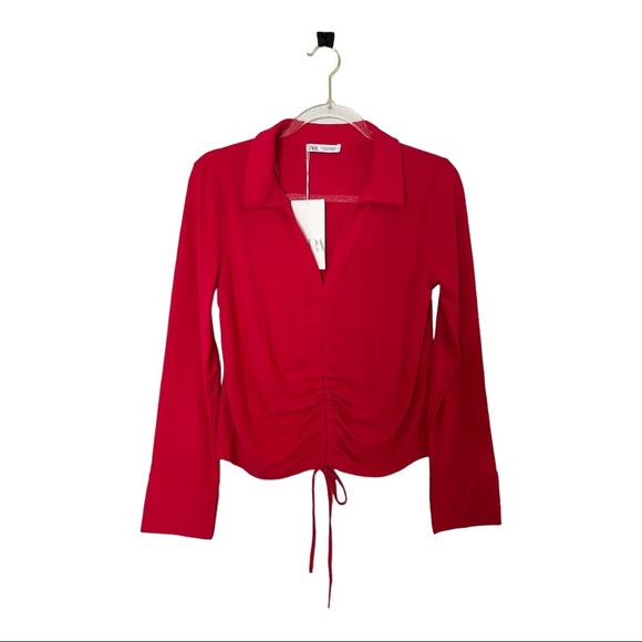 Zara Womans Size L Top V Neck Hot Pink Gathered Long Sleeve Collar ruched shirt - Picture 10 of 15